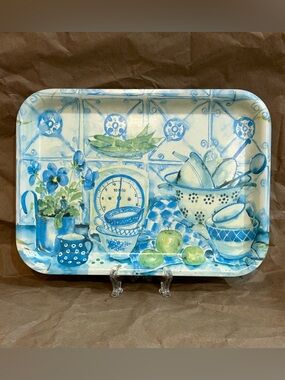 Italian Blue & White Kitchen Themed Melamine Tray Rustic Farmhouse Tuscan Charm
